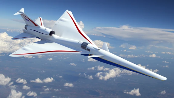 NASA uue ülehelikiirusega lendama kavandatud lennuki X-59 katsemudel tegemas 2018. aasta märtsis katselendu.