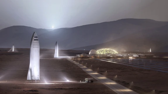 SpaceX joonisel on BFR-kosmoselaevad kujutatud seismas Marsi-asula kõrval. Alused on mõeldud lendama nii Maa kohal, Kuule kui Marsilegi. 