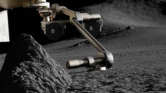 Illustratsioon pinnaseproovi võtmisest SAMPLR robotkäega, pildil näha ka CrystalSpace kaamerad.